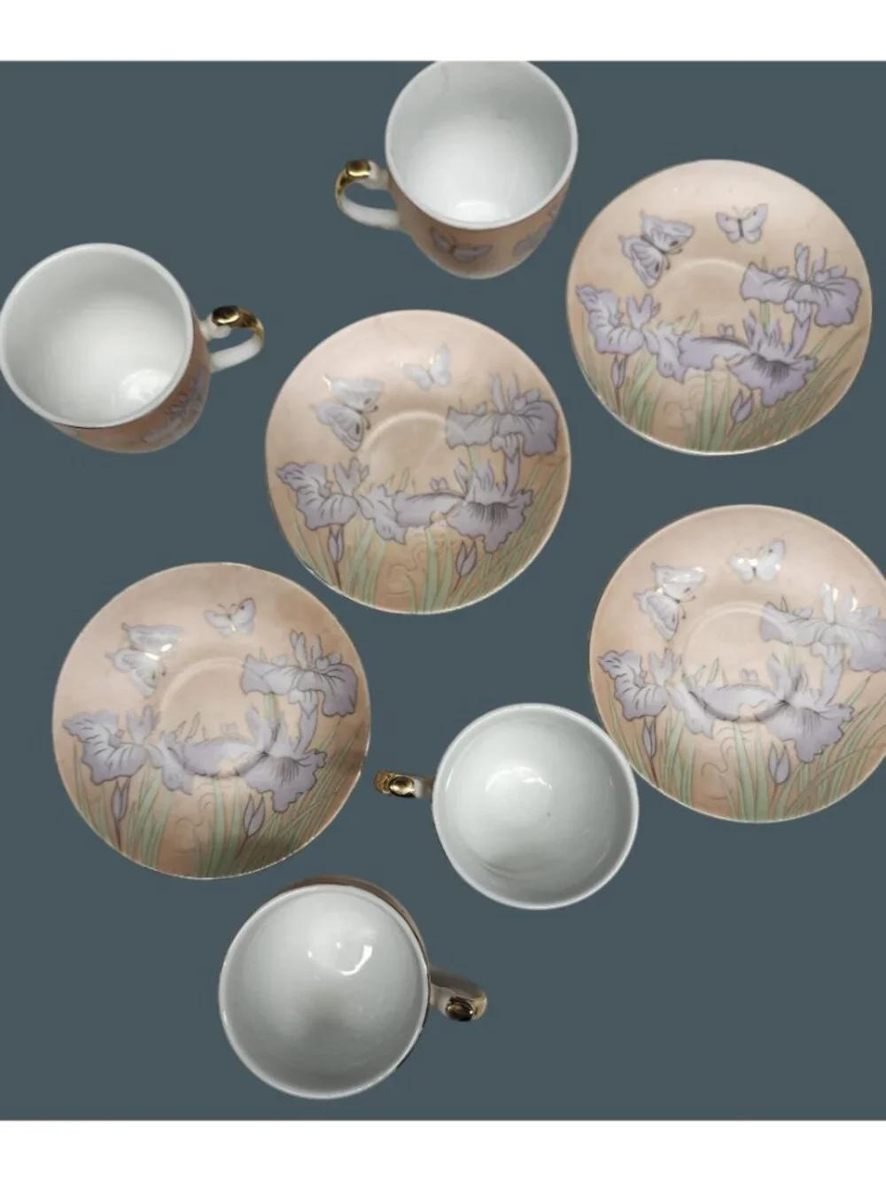 Demitasse Cups & Saucers Espresso Pink Purple Irises Butterflies 4 Sets